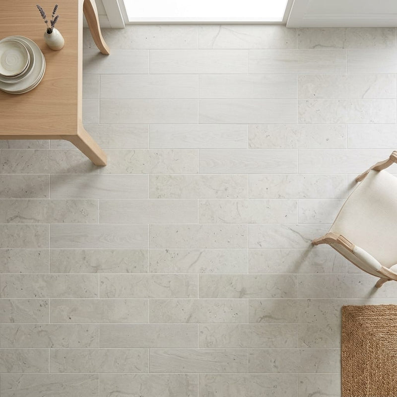 Volcanic Gray Limestone Tile 8x36 Honed 5/8 inch — Dining Room floor