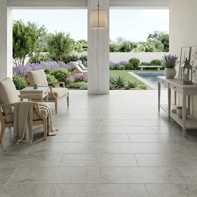 Volcanic Gray Limestone Tile 8x36 Polished 5/8 inch — Covered Patio floor
