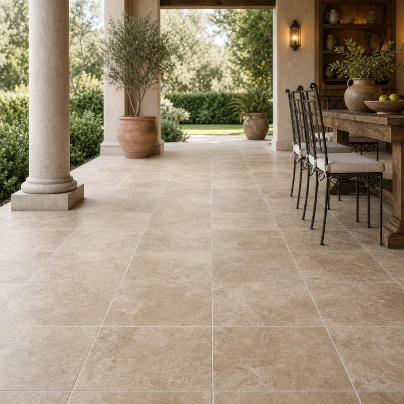 Walnut 18x18 Tumbled Travertine Tile — Covered Patio floor
