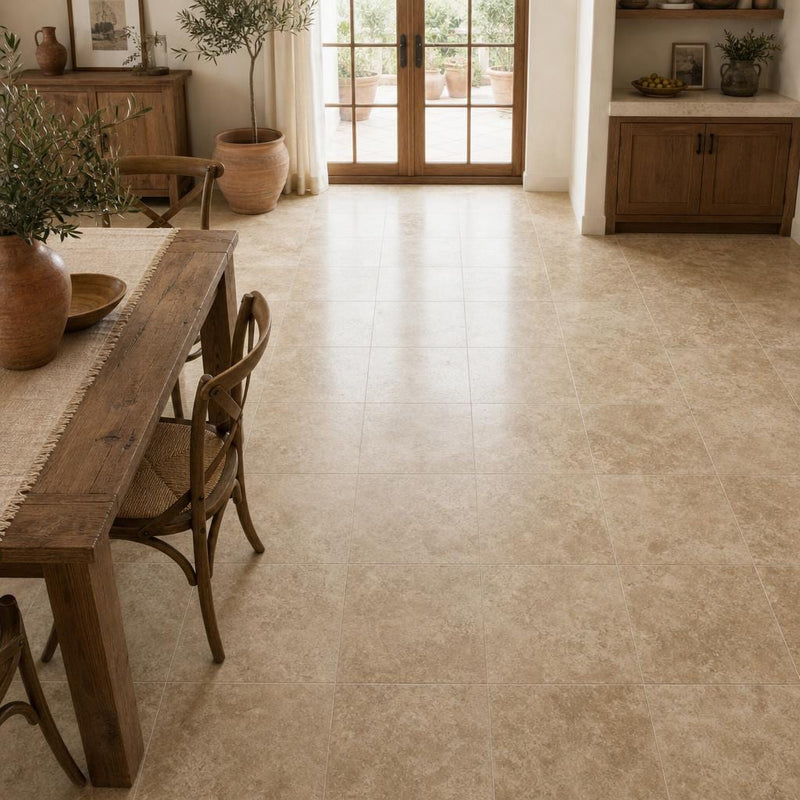 Walnut 18x18 Tumbled Travertine Tile — Dining Room floor