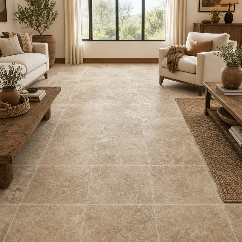 Walnut 18x18 Tumbled Travertine Tile — Family Room floor