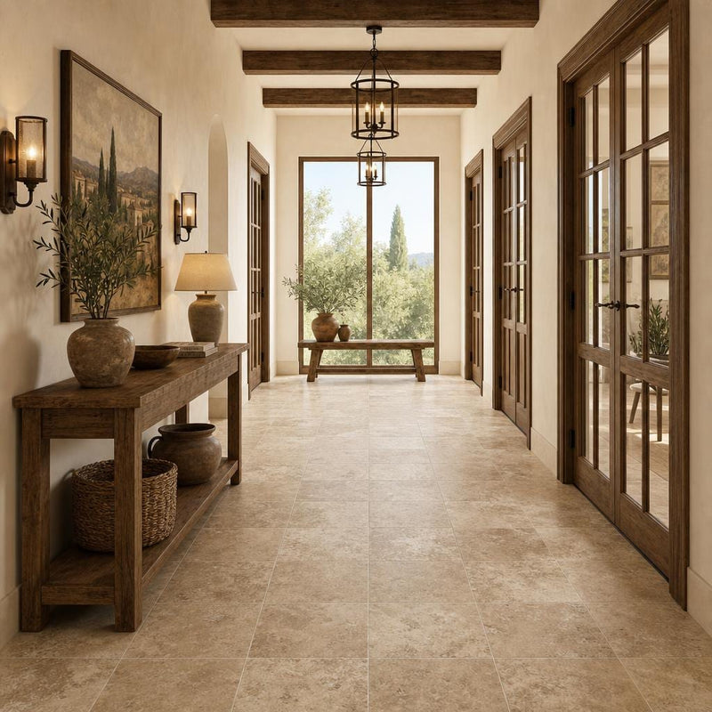 Walnut 18x18 Tumbled Travertine Tile — Hallway floor