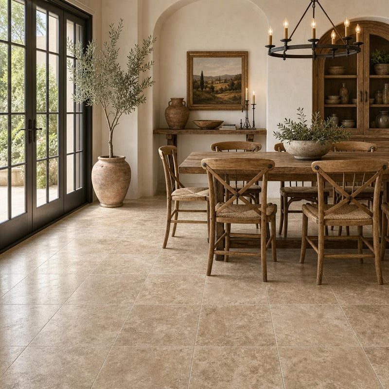 Walnut 18x18 Tumbled Travertine Tile — Living Room floor