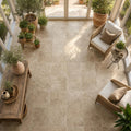 Walnut 18x18 Tumbled Travertine Tile — Sunroom floor