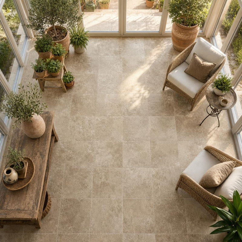 Walnut 18x18 Tumbled Travertine Tile — Sunroom floor