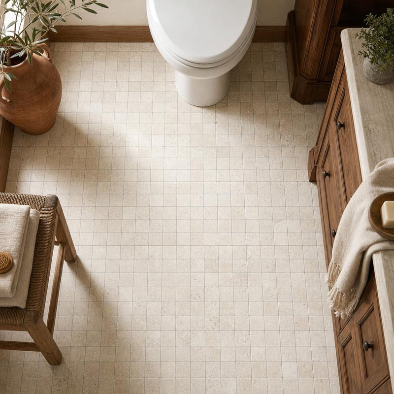 Walnut 2x2 Tumbled Travertine Mosaic Tile — Bathroom floor