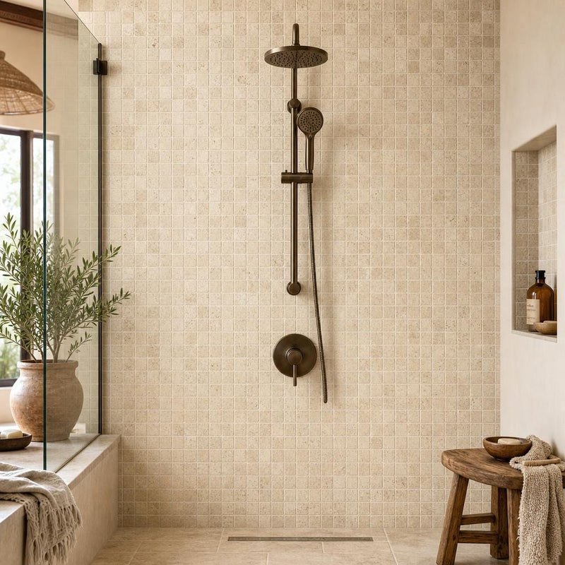 Walnut 2x2 Tumbled Travertine Mosaic Tile — Bathroom shower wall