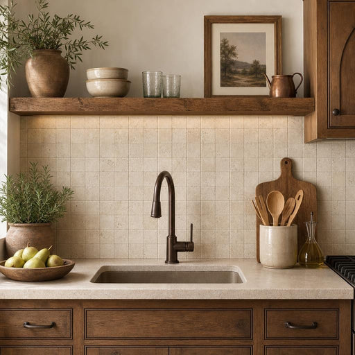 Walnut 2x2 Tumbled Travertine Mosaic Tile — Kitchen backsplash
