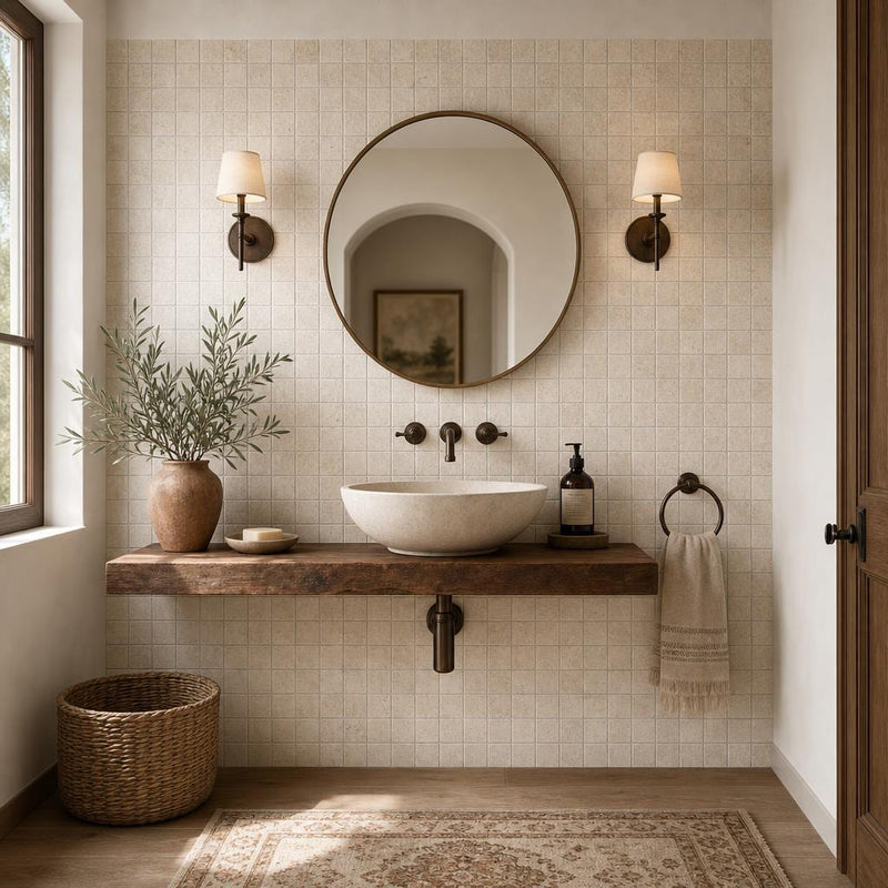 Walnut 2x2 Tumbled Travertine Mosaic Tile — Powder Room wall