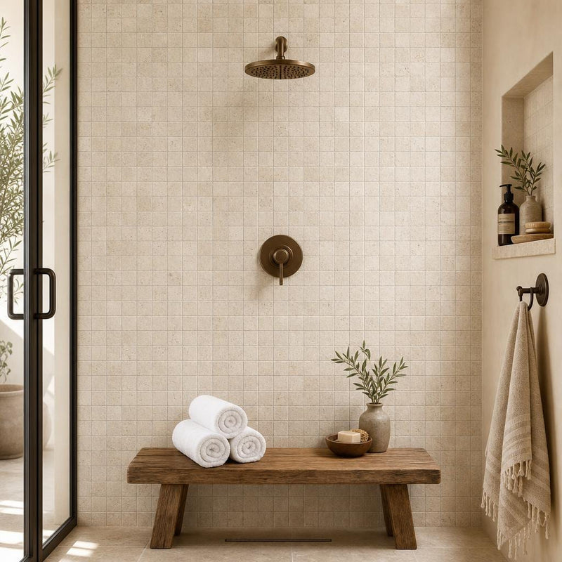 Walnut 2x2 Tumbled Travertine Mosaic Tile — Spa spa interior