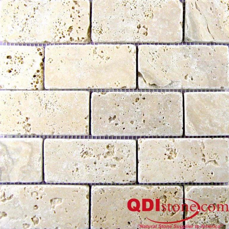 Walnut 2x4 Brick Joint Tumbled Travertine Mosaic Tile