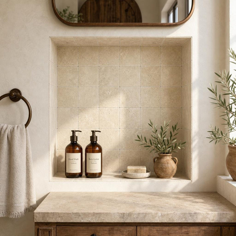 Walnut 4x4 Tumbled Travertine Tile — Bathroom niche