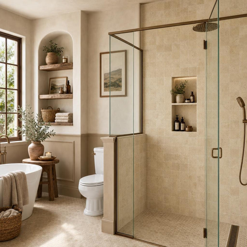 Walnut 4x4 Tumbled Travertine Tile — Bathroom shower wall accent band