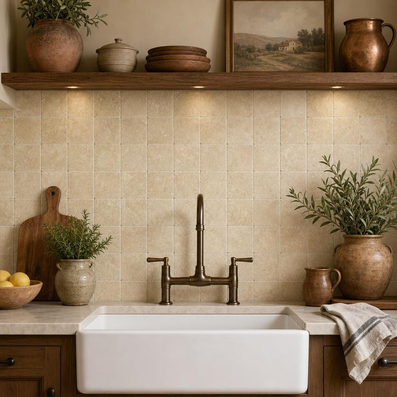 Walnut 4x4 Tumbled Travertine Tile — Kitchen backsplash
