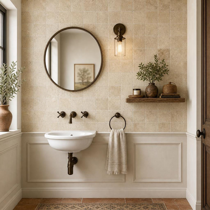 Walnut 4x4 Tumbled Travertine Tile — Powder Room wall