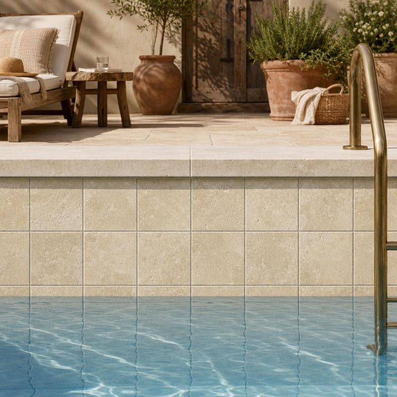 Walnut 4x4 Tumbled Travertine Tile — Swimming Pool waterline