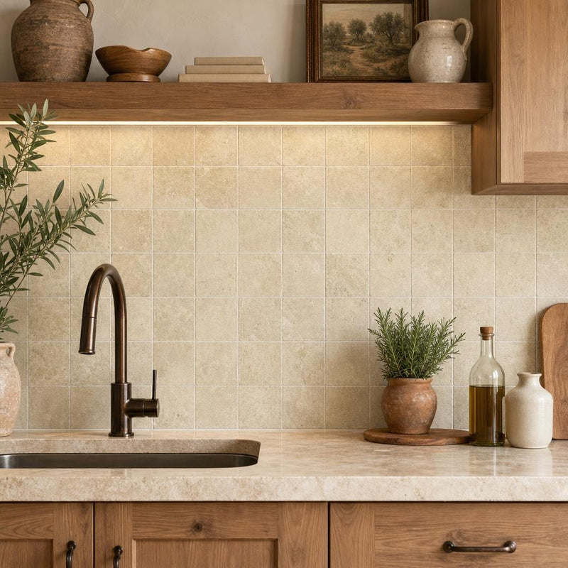 Walnut 6x6 Tumbled Travertine Tile — Kitchen backsplash