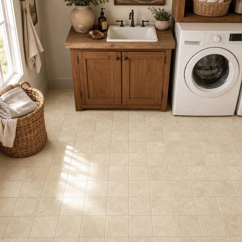 Walnut 6x6 Tumbled Travertine Tile — Laundry Room floor