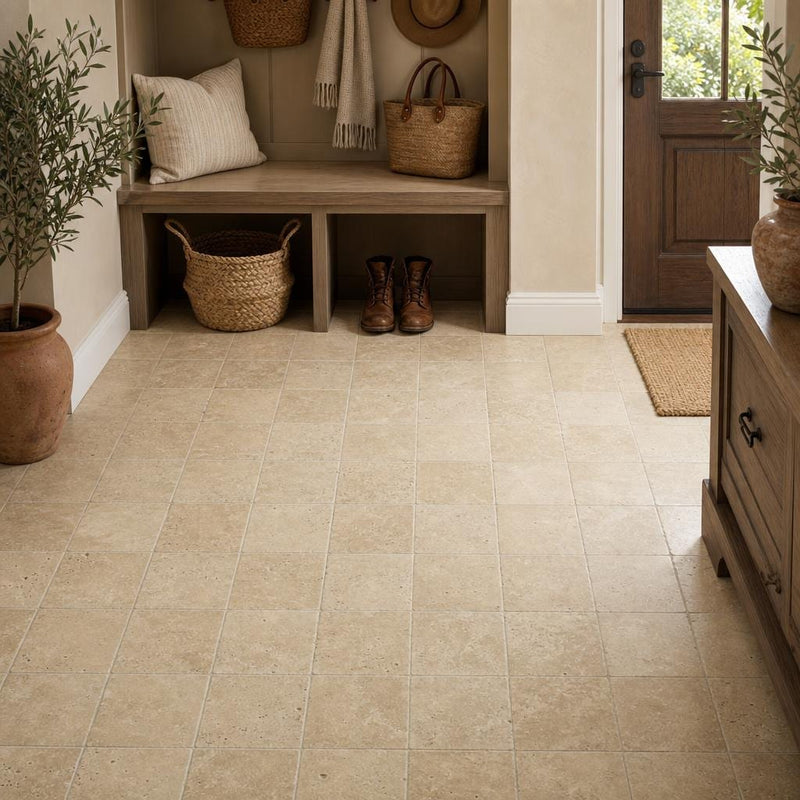 Walnut 6x6 Tumbled Travertine Tile — Mudroom floor