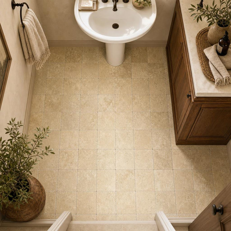Walnut 6x6 Tumbled Travertine Tile — Powder Room floor