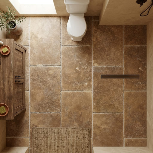 Walnut Brushed Chiseled 16x24 Travertine Tile — Bathroom floor