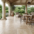 Walnut Brushed Chiseled 18x18 Travertine Tile — Covered Patio floor