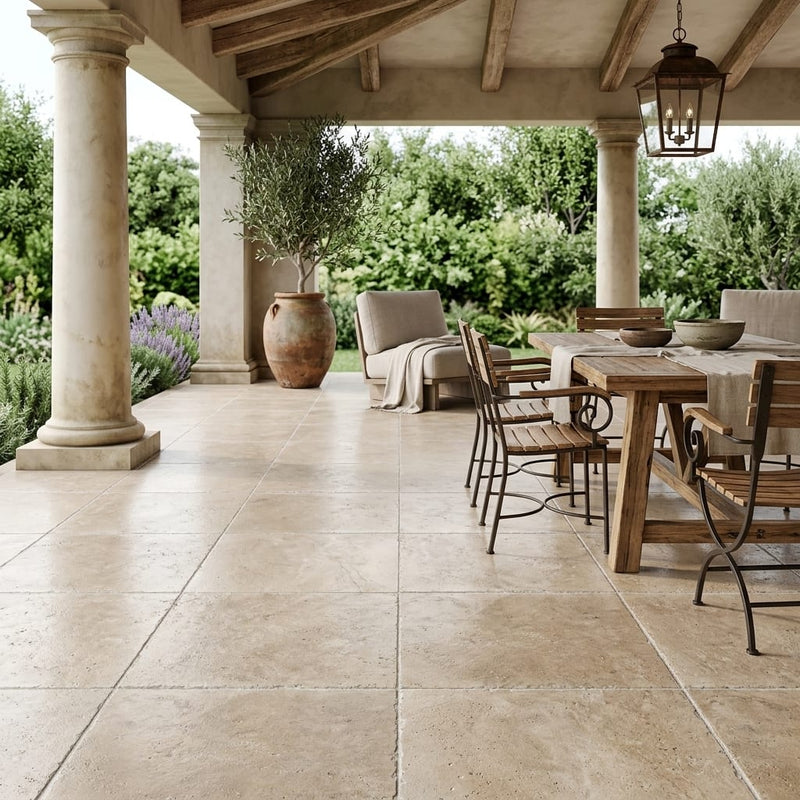 Walnut Brushed Chiseled 18x18 Travertine Tile — Covered Patio floor
