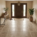 Walnut Brushed Chiseled 18x18 Travertine Tile — Foyer floor