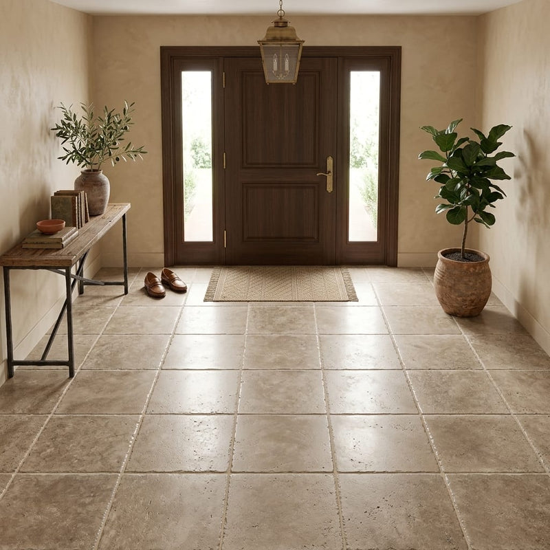 Walnut Brushed Chiseled 18x18 Travertine Tile — Foyer floor
