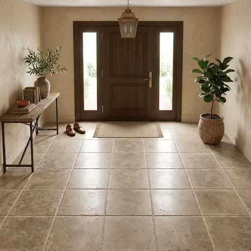 Walnut Brushed Chiseled 18x18 Travertine Tile — Foyer floor
