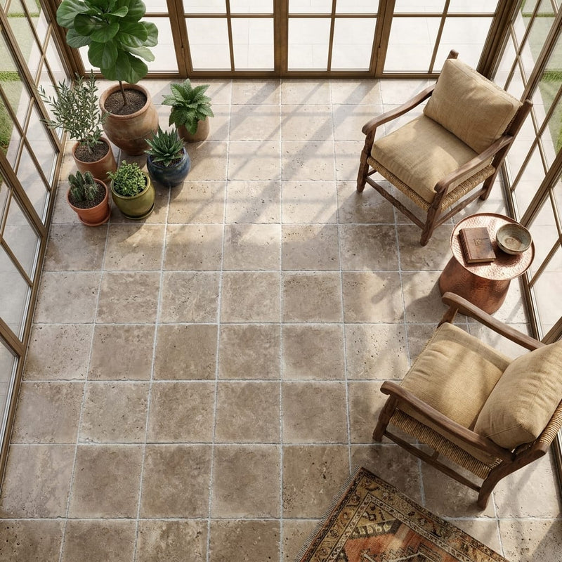 Walnut Brushed Chiseled 18x18 Travertine Tile — Sunroom floor
