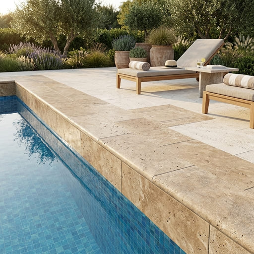 Walnut Bullnose Tumbled 12x24 2" Travertine Pool Coping — Swimming Pool remodel pool edge