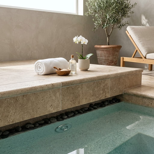 Walnut Bullnose Tumbled 16x24 2" Travertine Pool Coping — Spa spa overhang edge