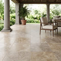 Walnut Filled Honed 18x18 Travertine Tile — Covered Patio floor