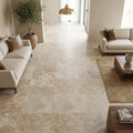 Walnut Filled Honed 18x18 Travertine Tile — Family Room floor