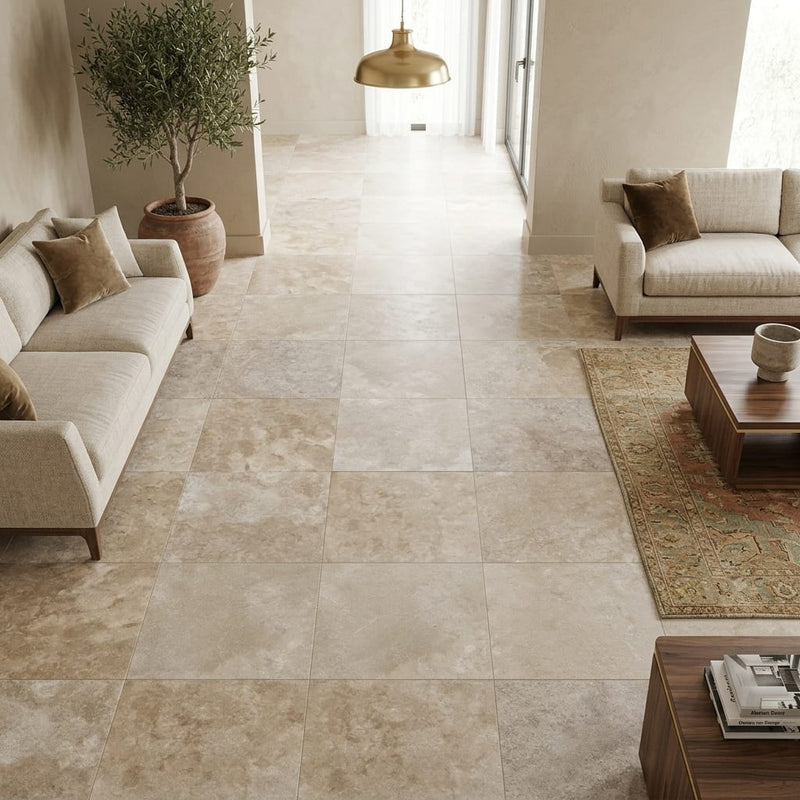 Walnut Filled Honed 18x18 Travertine Tile — Family Room floor