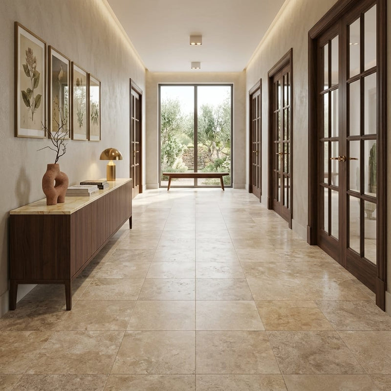 Walnut Filled Honed 18x18 Travertine Tile — Hallway floor