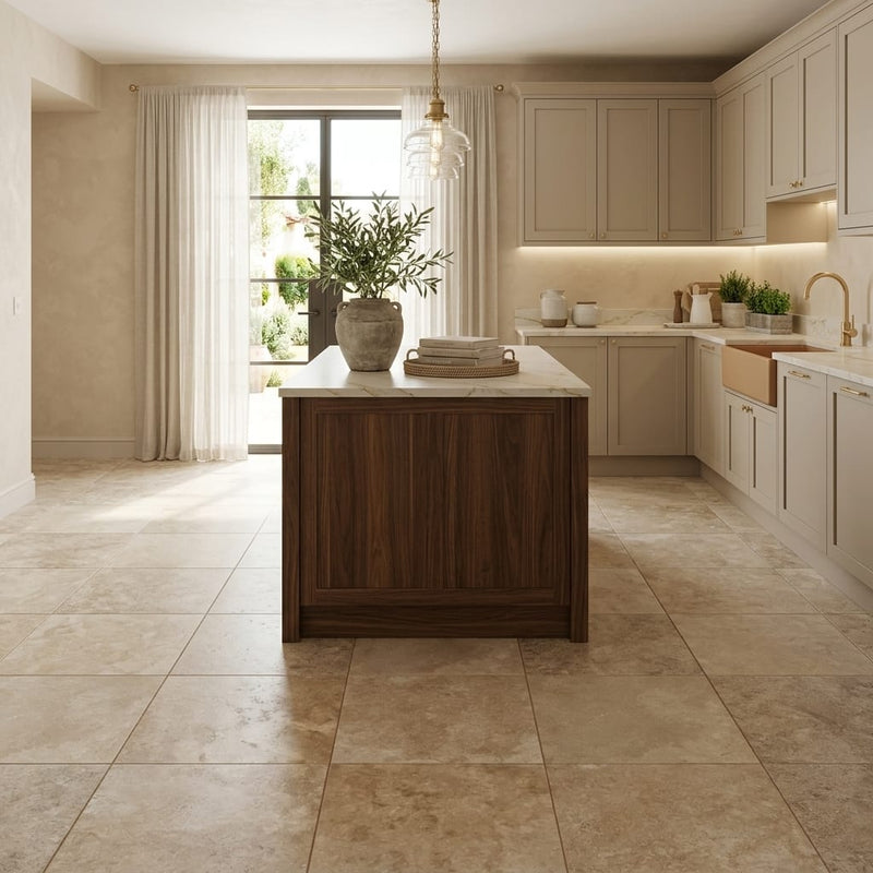 Walnut Filled Honed 18x18 Travertine Tile — Kitchen floor