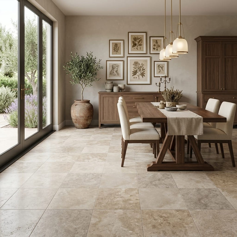 Walnut Filled Honed 18x18 Travertine Tile — Living Room floor
