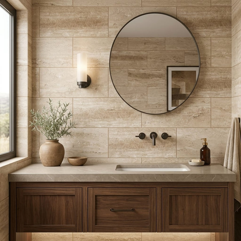 Walnut Filled Honed Vein Cut 12x24 Travertine Tile — Bathroom vanity wall
