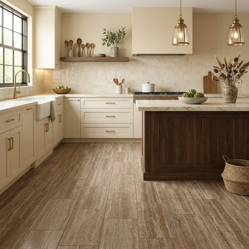 Walnut Filled Honed Vein Cut 12x24 Travertine Tile — Kitchen floor
