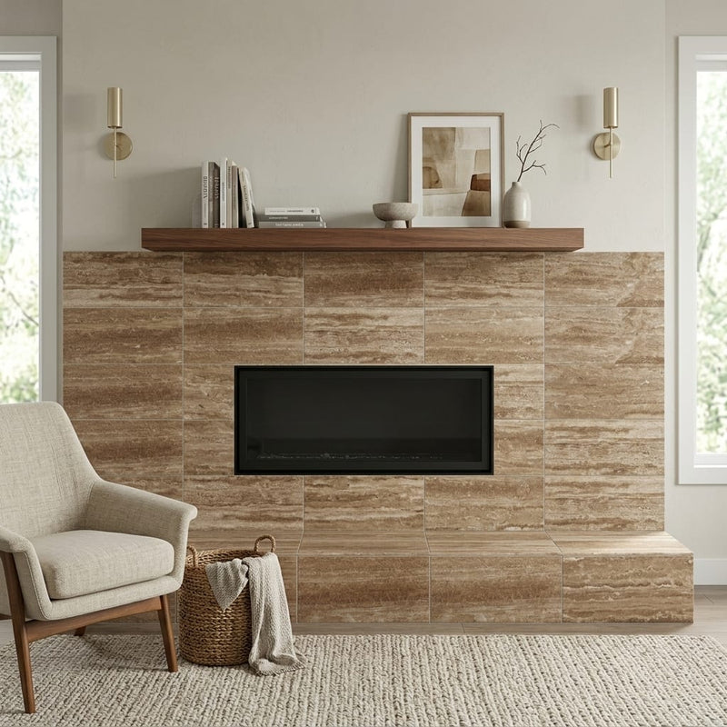 Walnut Filled Honed Vein Cut 12x24 Travertine Tile — Living Room fireplace surround