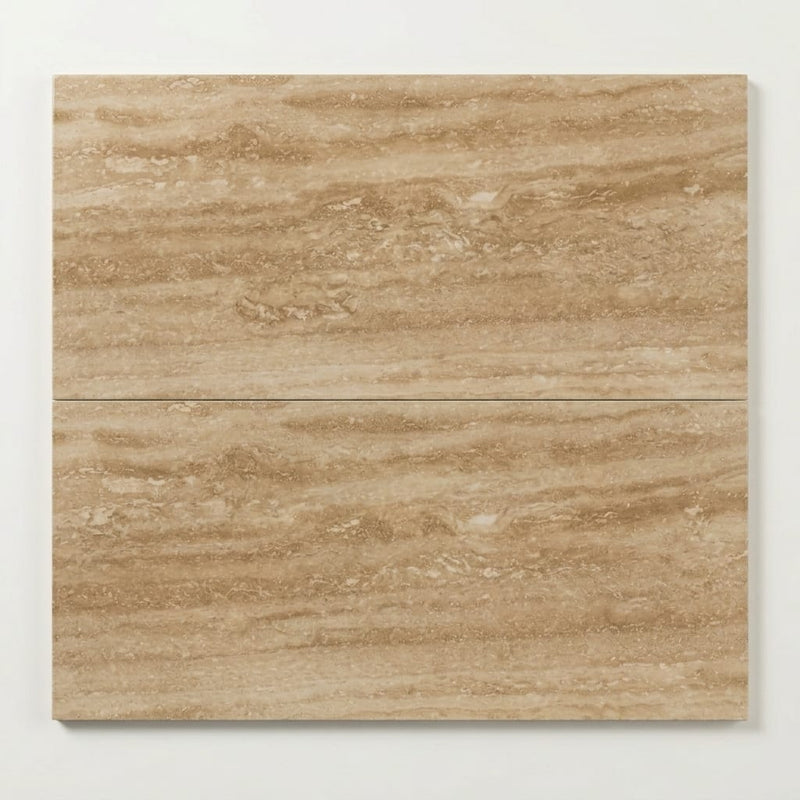 Walnut Polished Vein Cut 12x24 Travertine Tile close-up