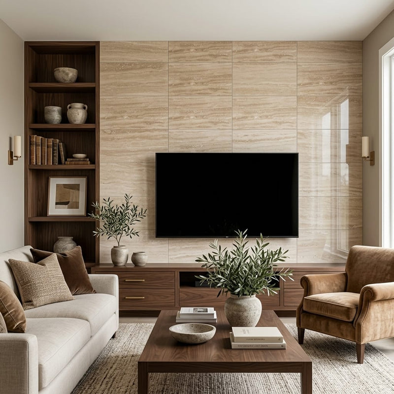 Walnut Polished Vein Cut 12x24 Travertine Tile — Living Room feature wall
