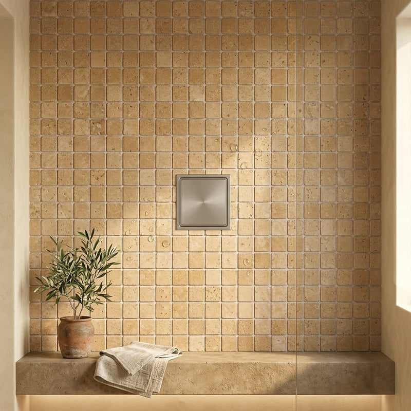 Walnut Travertine 1x1 Tumbled Travertine Mosaic — Bathroom shower floor