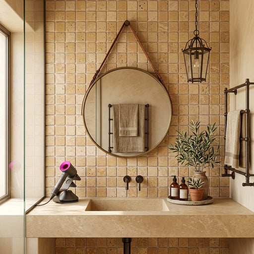 Walnut Travertine 1x1 Tumbled Travertine Mosaic — Bathroom shower wall