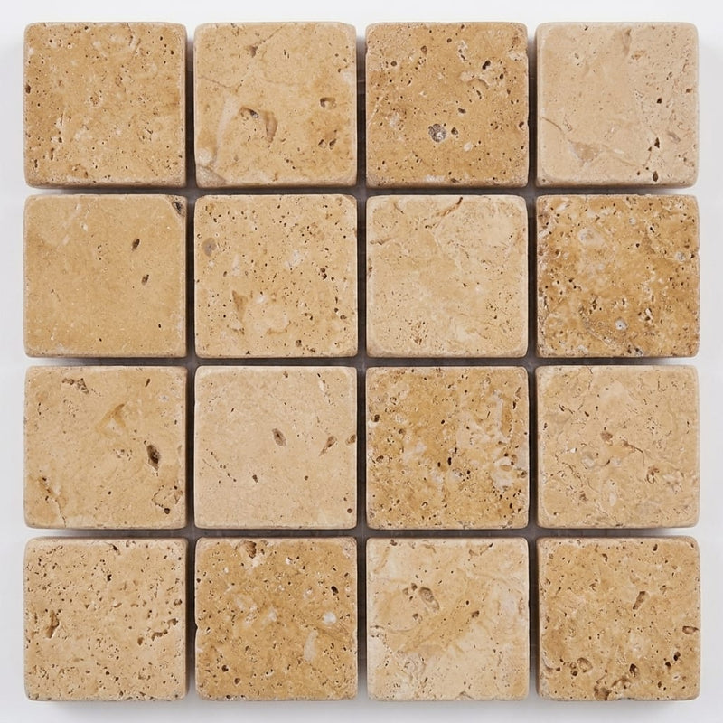 Walnut Travertine 1x1 Tumbled Travertine Mosaic close-up