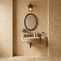 Walnut Travertine 1x1 Tumbled Travertine Mosaic — Powder Room wall