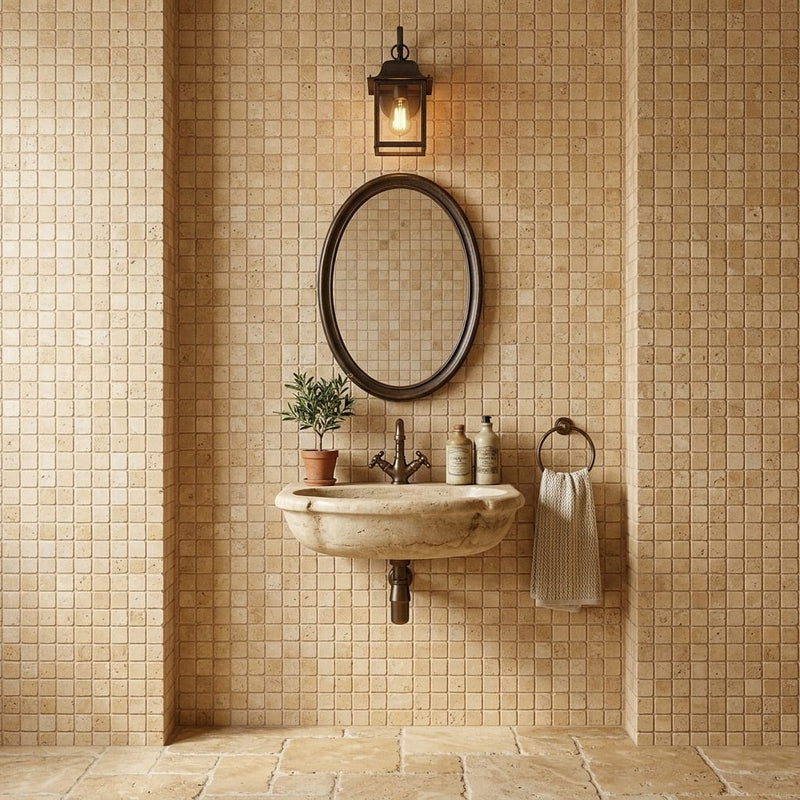 Walnut Travertine 1x1 Tumbled Travertine Mosaic — Powder Room wall