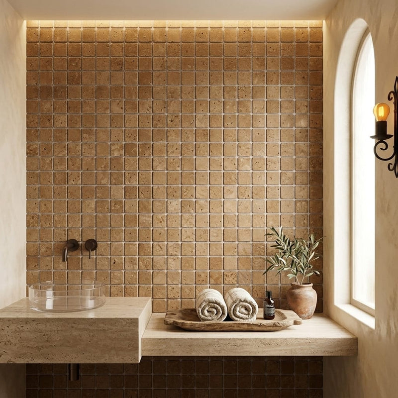 Walnut Travertine 1x1 Tumbled Travertine Mosaic — Spa spa interior